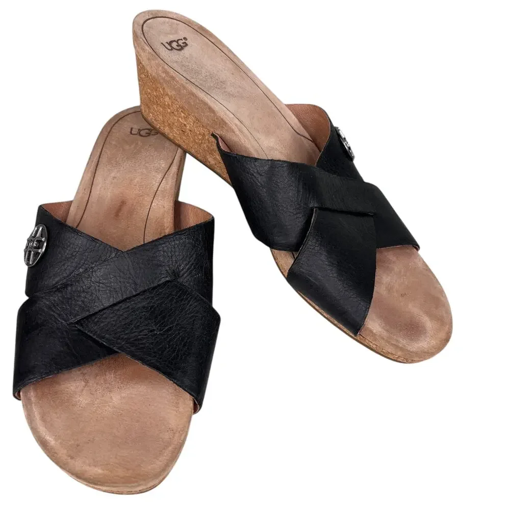 UGG LYRA Wedge Sandals 11 Black Criss Cross Slides 1009854